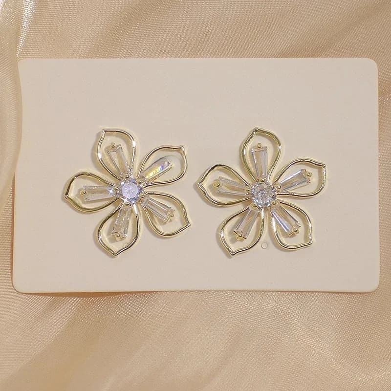 Boucles d'Oreilles en Forme de Fleur Creuse Plaqué Or 14K pour Femme, Clip Scintillant, CZ, Tempérament, à la Mode, pour Patients, Bijoux de Mariage