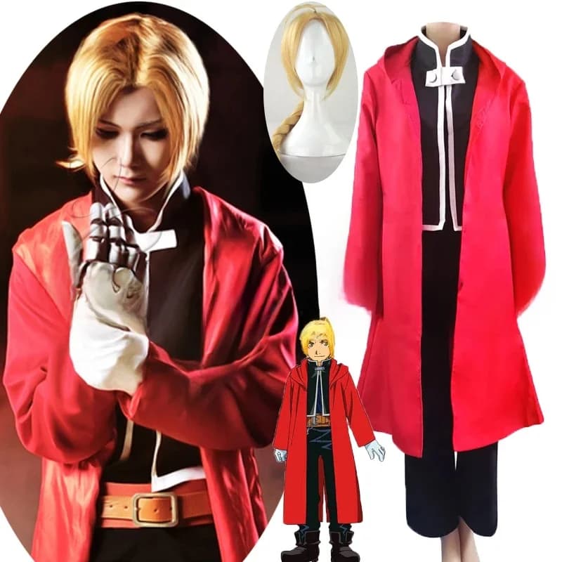 Full Metal Alchemist Anime Cosplay Costume, Edward Elric, Perruques, Manteau à capuche, Chaussures sur mesure, Halloween