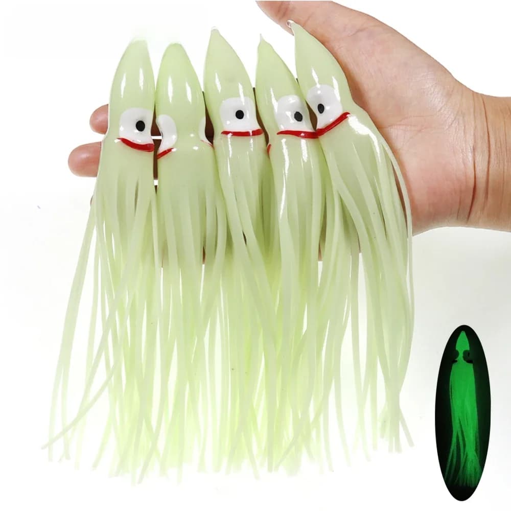 5-18 cm jupes de calmar lumineuses leurre souple pesca leurre de pêche de nuit poulpe lueur en caoutchouc appât artificiel pour la pêche en eau salée