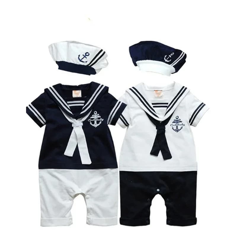Vêtements d'été pour bébés garçons et filles, barboteuse marine, combinaison de marin pour nouveau-nés, chapeau, ensemble 2 pièces, costume imprimé ancre à manches courtes