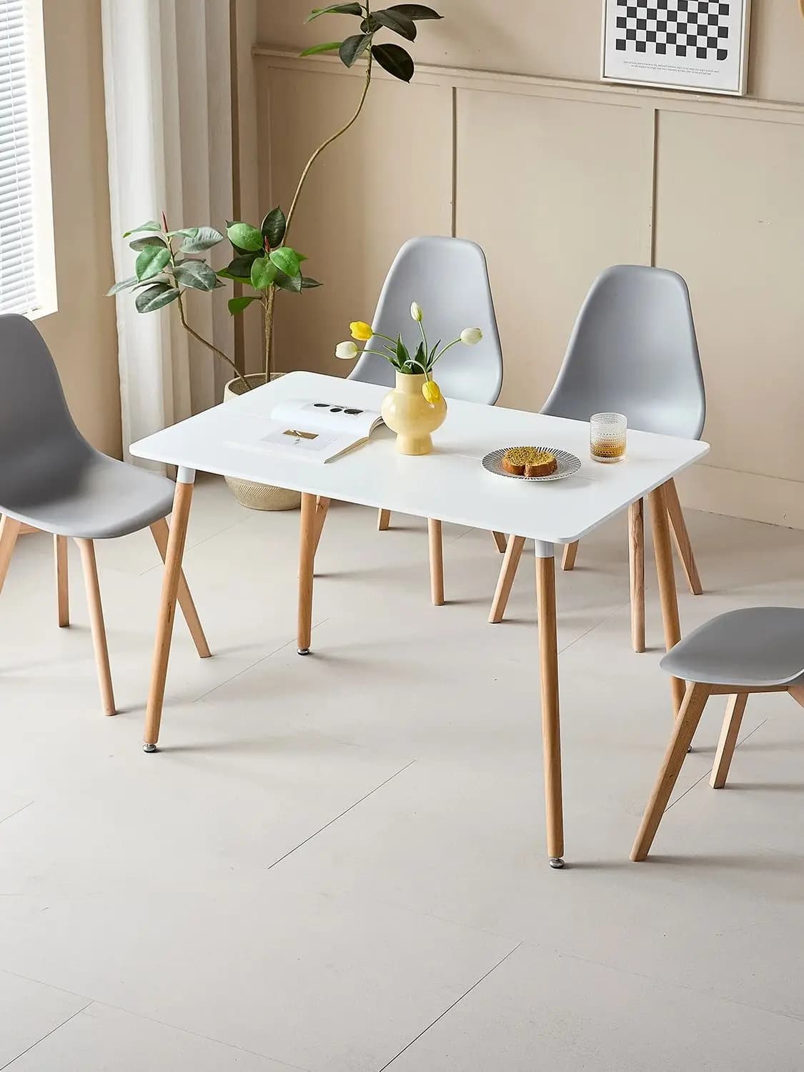Ensemble de table à manger rectangulaire blanche EGOONM, 4 pièces, chaises de salle à manger nordiques médiévales avec pieds en bois massif pour la cuisine, la salle à manger