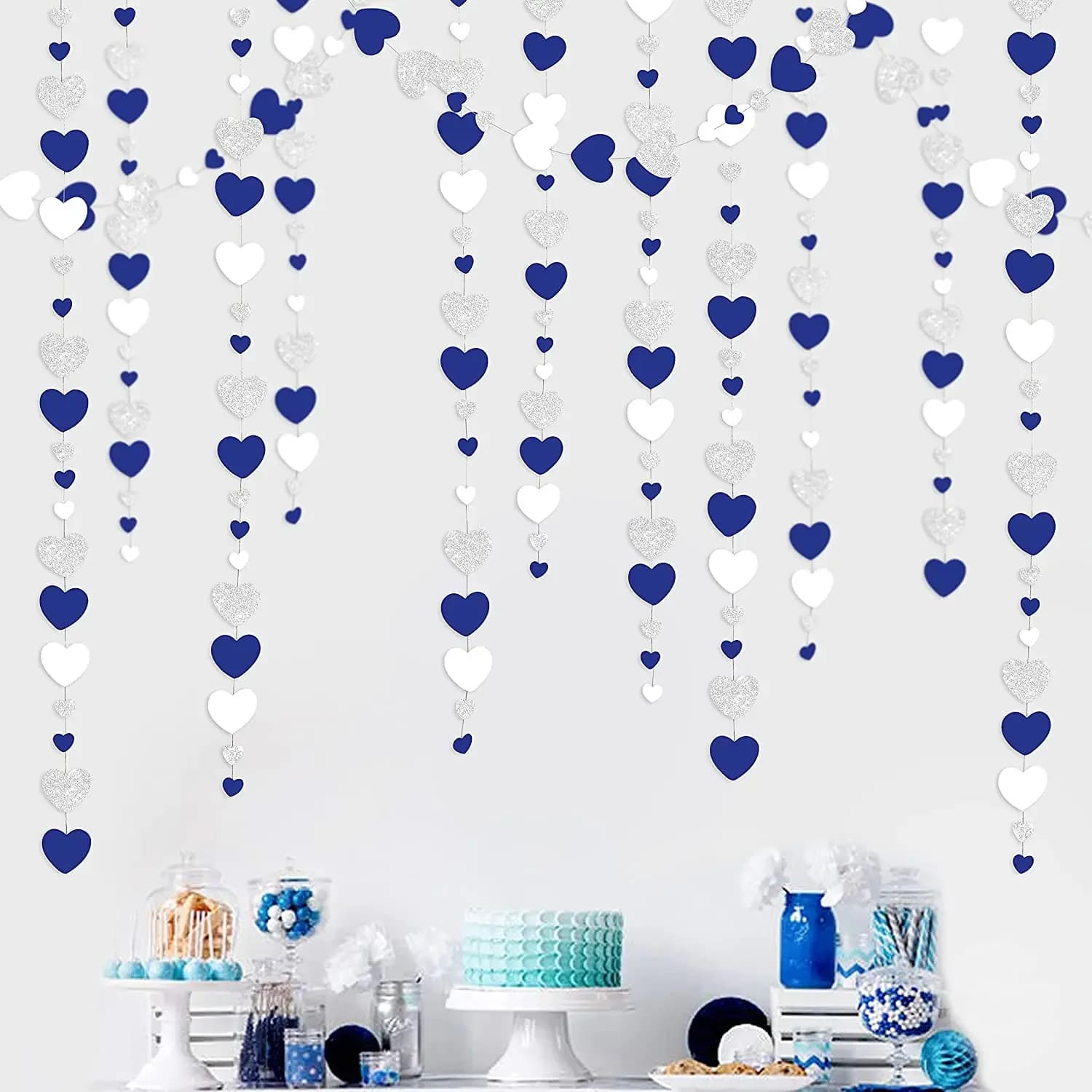 Guirlandes murales en papier bleu marine, argent, or, cœur d'amour, suspendues pour mariage, bébé garçon, fête d'anniversaire, fournitures de décoration murale, 4M