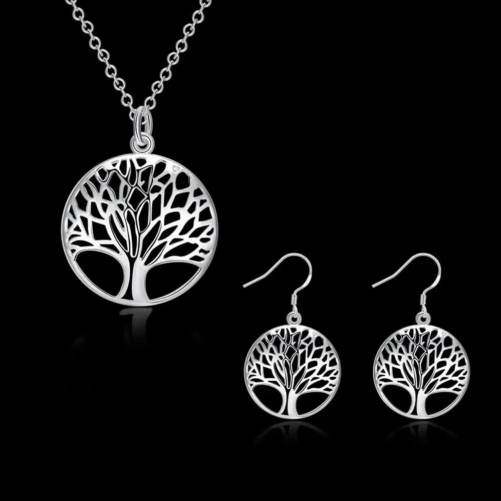 Ensemble de bijoux en argent sterling 925 pour femme, collier rétro avec pendentif arbre rond, boucles d'oreilles, cadeaux de fête de mariage et de vacances