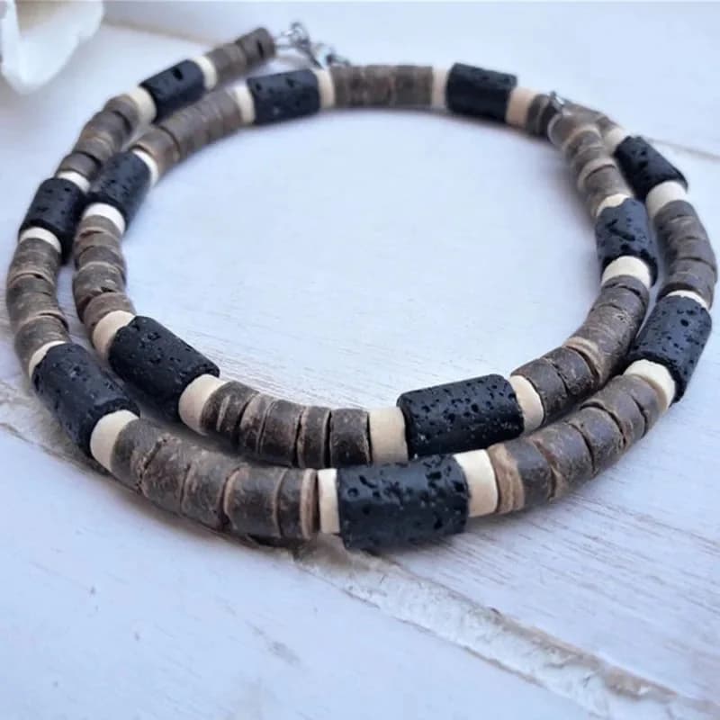 Collier africain, collier perlé, collier diffuseur en pierre de lave, collier de surf, collier en noix de coco pour homme