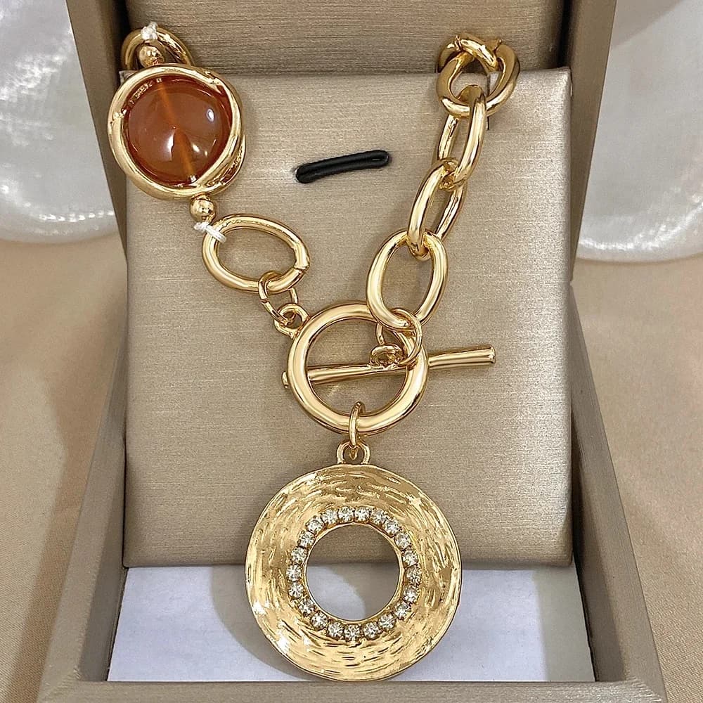 Flashbuy – collier Vintage avec pendentif en pierre pour femmes, style bohémien, grand alliage rond, chaîne épaisse, bijoux à la mode, cadeau
