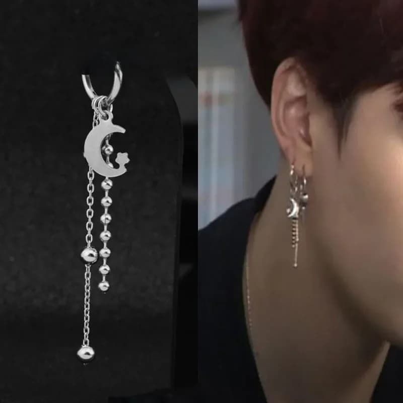 KPOP coréen en acier inoxydable boucles d'oreilles femmes hommes lune plume chaîne croix géométrique Punk boucles d'oreilles Hip Hop bijoux unisexe