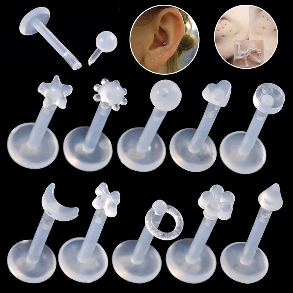 Piercing en acrylique transparent pour tragus, hélix, cartilage, labret flexible Bioflex, retainer, stud pour lèvre, bijou de corps en acrylique de base