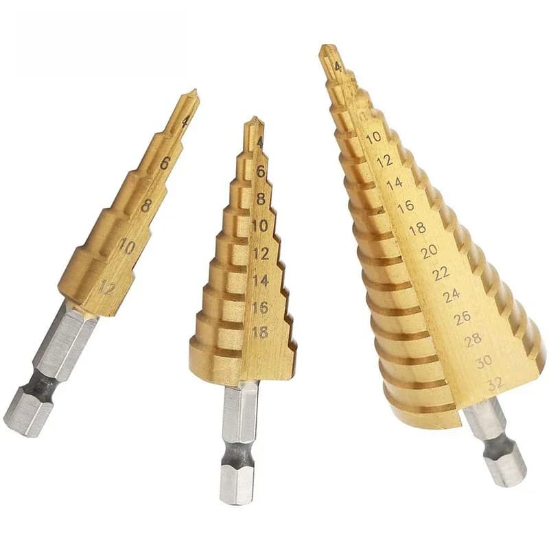 Forets à noyau hexagonal en métal revêtu de titane 1 / 4 ", jeu de forets étagé Hss, coupe-trou conique métrique 4 - 12 / 20 / 32mm, 3 pièces