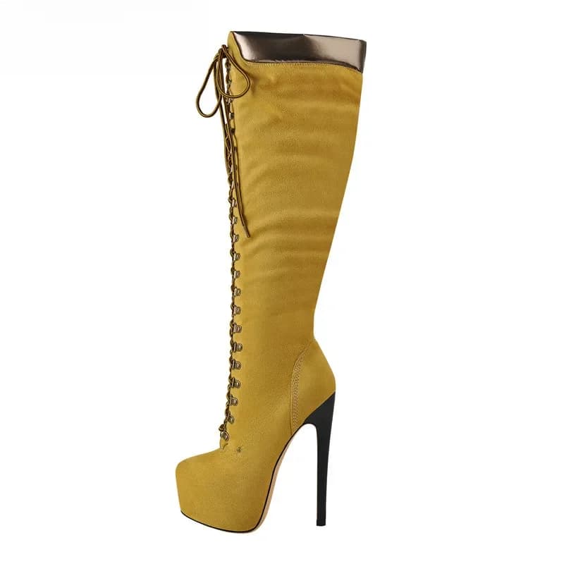 DALTol- Bottes Hautes à Plateforme pour Femme, Au-dessus du Genou, à Lacets Avant, Talon Fin, Stiletto, Commande Cool, Grande Taille