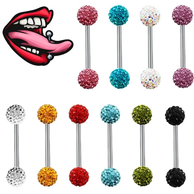 Boule de cristal en acier inoxydable, 14G, barre de perçage pour mamelon, langue brillante, anneau en vrac, bijoux Sexy pour le corps
