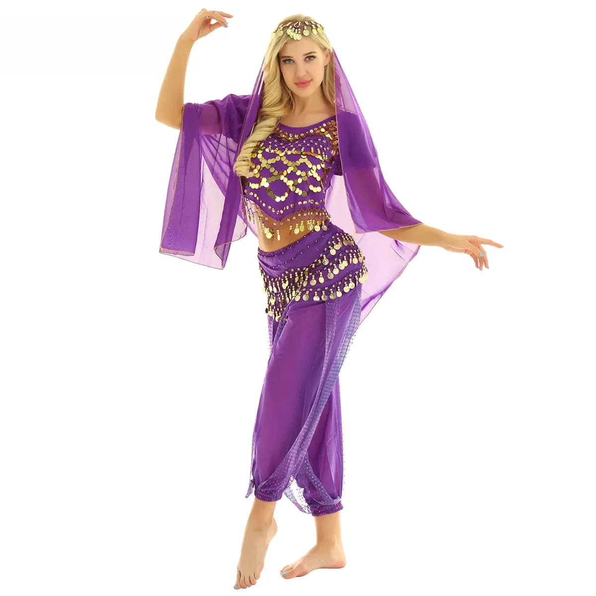 Ensemble de costumes de danse du ventre pour femmes, haut de pièces de monnaie + sarouel + écharpe de hanche + foulard de tête, tenue pour Festival, carnaval, danse indienne égyptienne