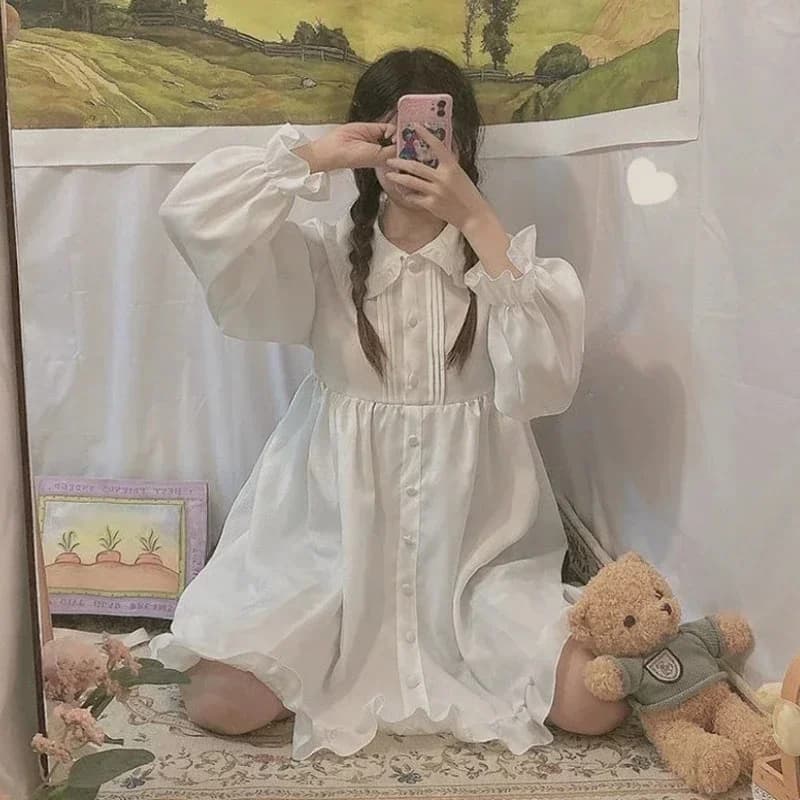 Robe Lolita japonaise pour filles, blanche, col Peter Pan, Kawaii, manches bouffantes à volants, robes élégantes pour dames, été, 2021
