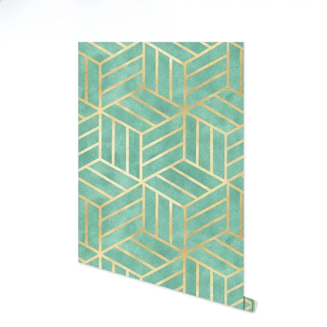 HDHome-Papier Peint Auto-Adhésif à Rayures Géométriques, Couleur Vert Clair et Or, Hexagone à Peler et Coller