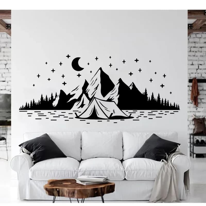 Grand autocollant mural en vinyle pour chambre d'enfant, camping-car, camping-car, voyage, montagne, étoile, lune, exploration de la jungle, forêt, nature, décalcomanie, décor