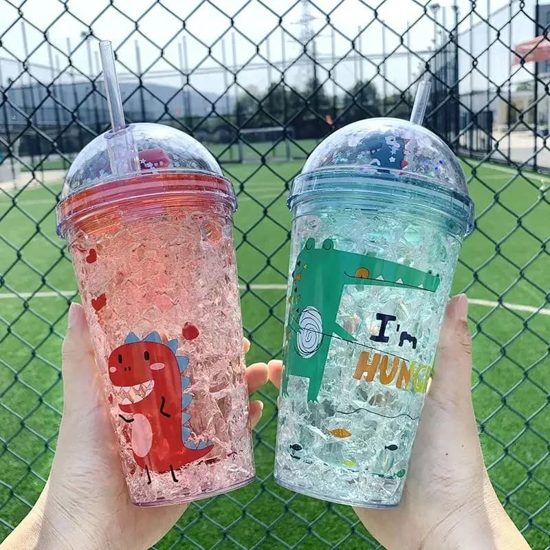 Bouteille en plastique avec paille pour enfant, 350ml, poupée dinosaure, Double couche, pour eau de réfrigération, cadeau d'été, tasse à café