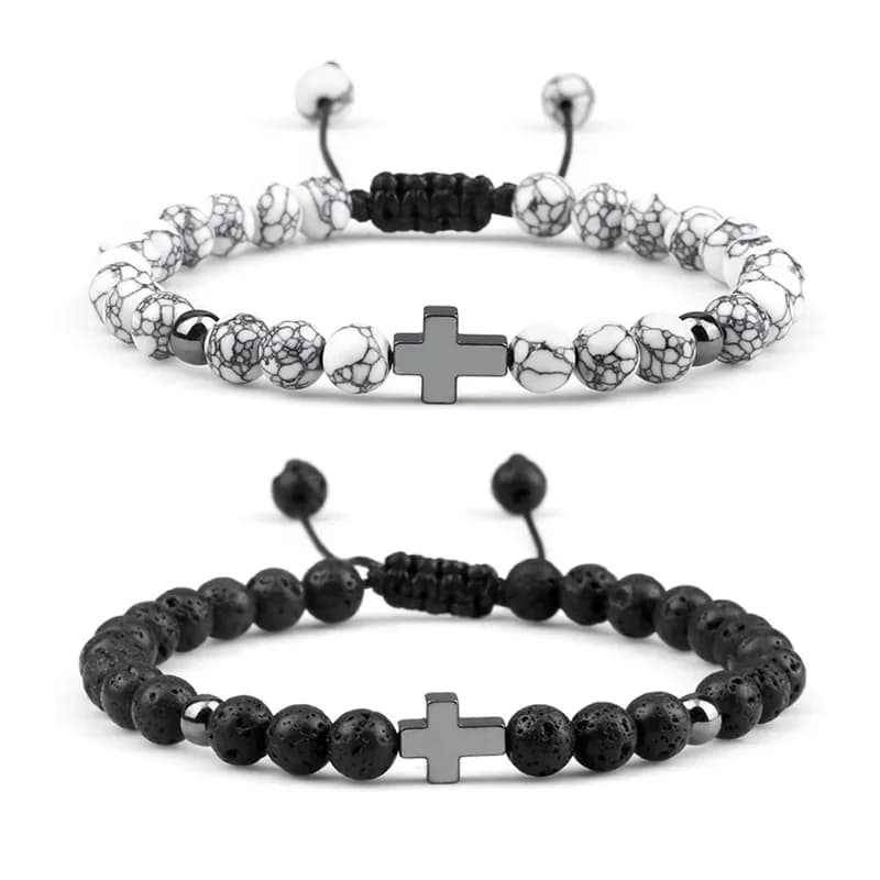 Bracelet perlé pour hommes et femmes, 6mm, pierre de lave naturelle, Bracelets croisés en alliage, corde tressée réglable, bijoux