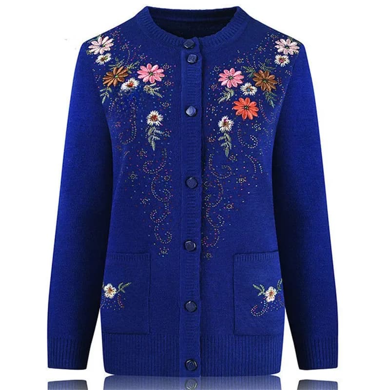 Cardigan en tricot brodé pour femmes d'âge moyen et titane, veste à simple boutonnage, pull mince, manteau mince, vêtements de printemps, grand-mère