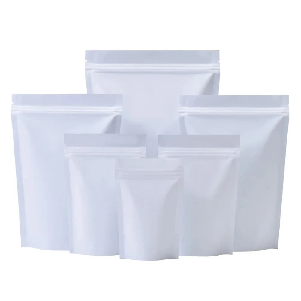 100 pièces mat blanc aluminium Mylar feuille Zip Lock Stand Up sac auto-scellant encoche de déchirure réutilisable Doypack nourriture Snack chocolat pochettes