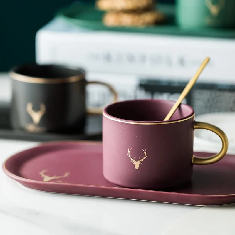 Ensembles de cuillères en céramique à bord doré avec boîte-cadeau, européen, luxueux, standard du café, thé, lait de soja, tasses de petit déjeuner, assiette à dessert, S/05 ers
