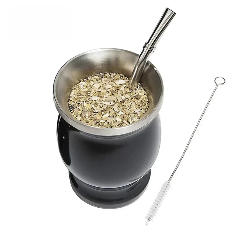 UPORS – Tasse pour thé Mate Yerba, accessoire en acier inoxydable 304, avec double paroi, contenance 8 oz, pour préparation des thés argentins, avec paille, livré avec brosse de nettoyage