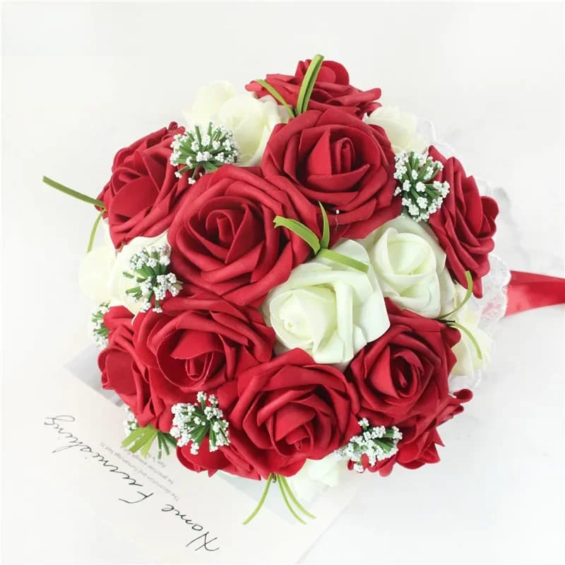 YO CHO Bouquet de Mariée Pas Cher en PE, Roses Artificielles Rouges en Mousse, Ruban, Faux Bouquet de Mariage Personnalisé