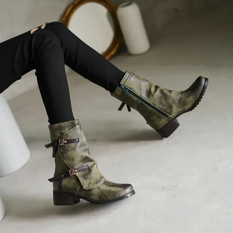 ZawsThia-Bottes d'équitation western pour femmes, chaussures mi-mollet, talons bas épais, vert olive, armée, skip strucstrap, hiver