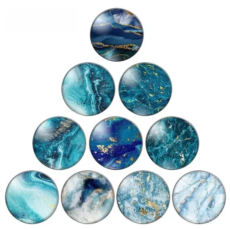 Cabochon en verre de couleur de l'eau, bleu, vert, jaune, motifs de marbre, photo ronde, démo, dos plat, résultats de direction