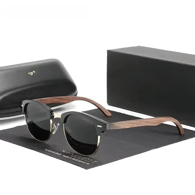 KINGSEVEN – lunettes de soleil en bois de noyer noir pour hommes et femmes, faites à la main, polarisées, Protection UV400, semi-sans monture, rétro, 2023