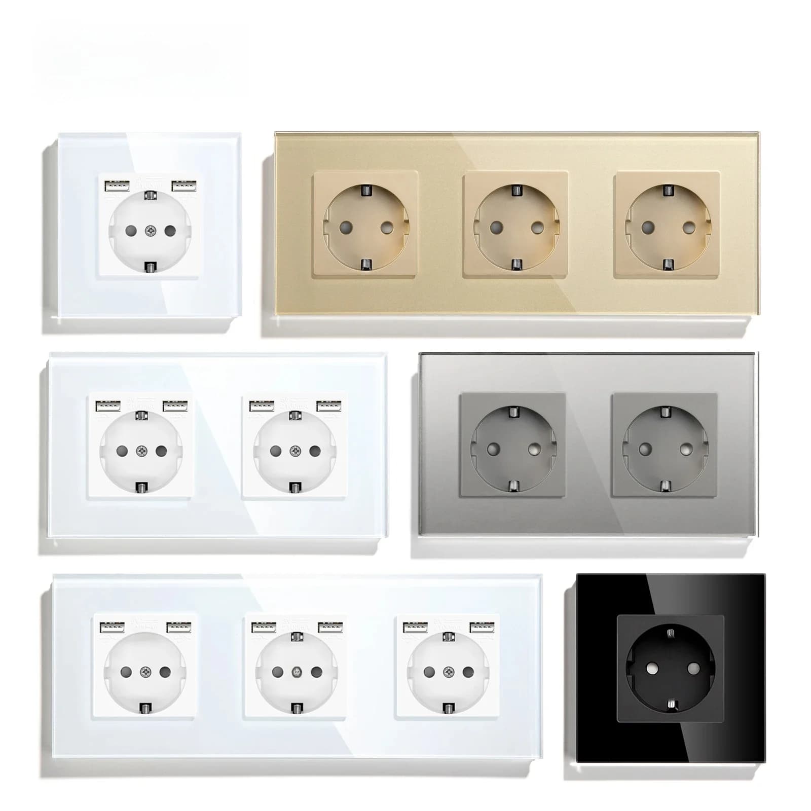 BSEED EU prises murales prises simples prises Double 5V 2.1A prise USB Charge de téléphone panneau de verre prises de courant Protection des enfants 16A