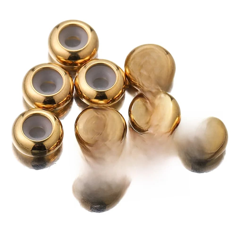 Bouchon rond européen en acier inoxydable plaqué or, 10 pièces, Clip en caoutchouc de Silicone, perle d'espacement lisse, idéal pour Bracelet, bijoux à faire soi-même