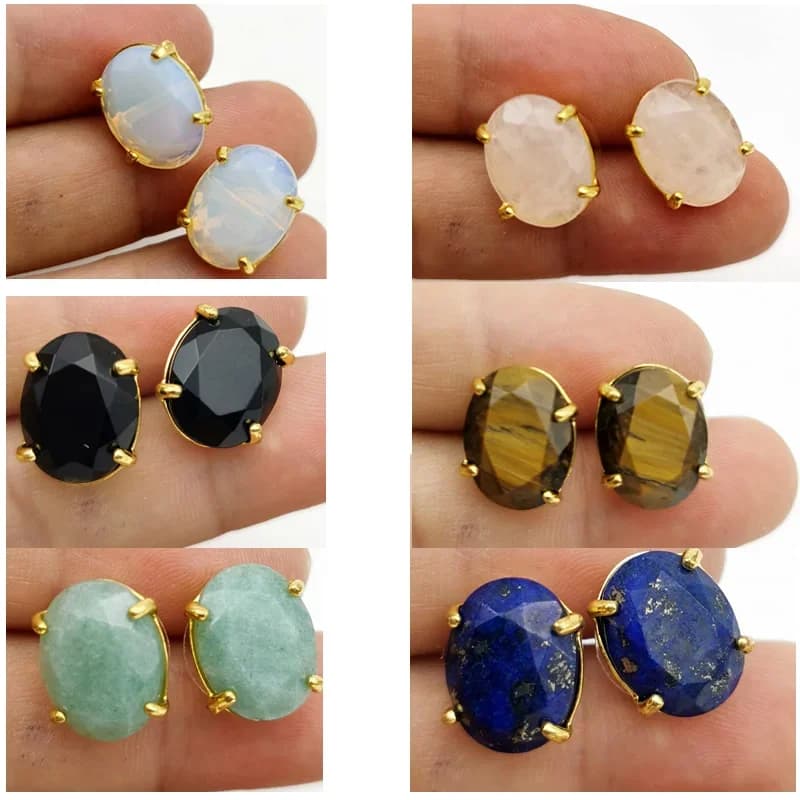 Boucles d'oreilles ovales couleur argent, pierre naturelle facetée, quartz rose, œil de tigre, lapis-lazuli, bijoux de guérison pour femme