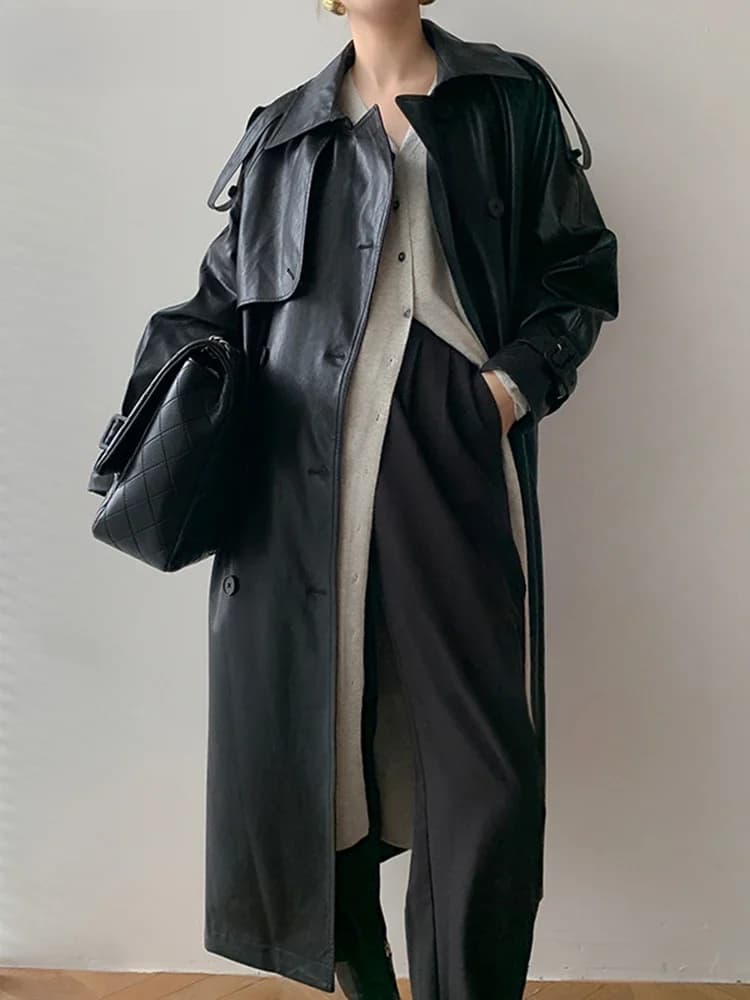 Lautaro-Manteau long en similicuir pour femme, manches longues, double boutonnage, marron, respirant, noir, mode coréenne, automne