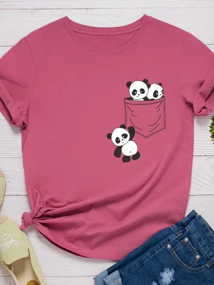 Poche Panda imprimer femmes t-shirt à manches courtes col rond lâche femmes t-shirt dames mode t-shirt hauts vêtements Camisetas Mujer