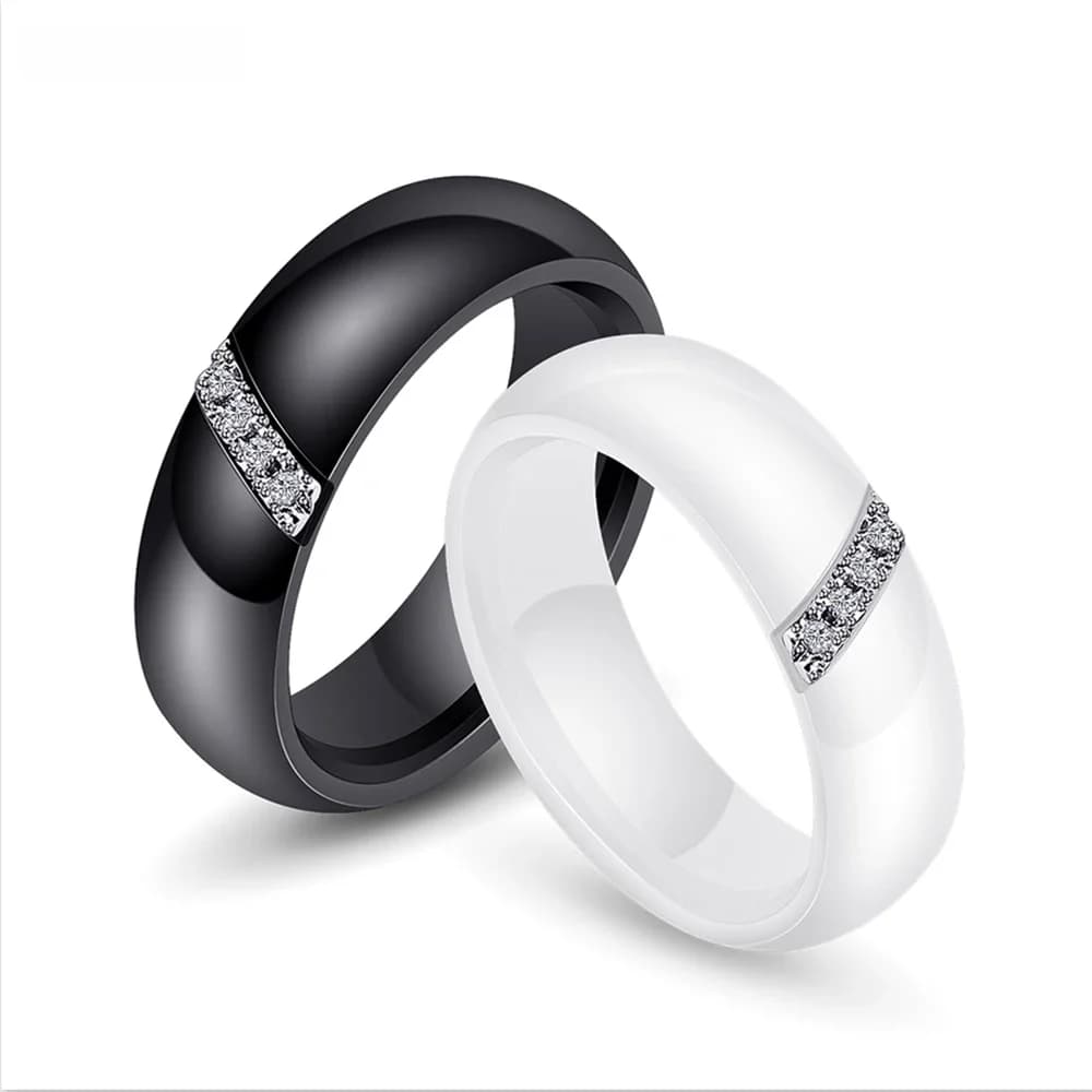 NIBASTAR mode 6mm noir blanc bague en céramique pour les femmes incrusté pierre cristal confort anneaux de mariage fiançailles marque bijoux