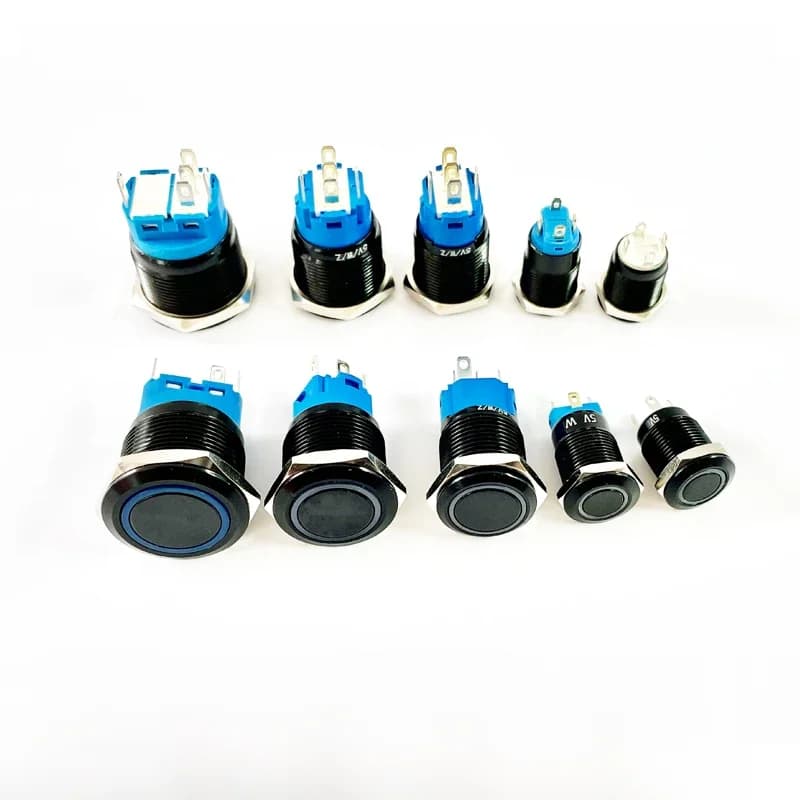 Interrupteur à bouton-poussoir noir 12/16/19/22 mm, étanche, éclairé par LED, en métal plat, interrupteurs momentanés avec marquage d'alimentation 5V 12V 24V