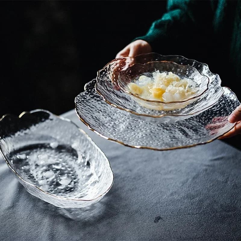 Assiette en verre, assiettes à dîner irrégulières, vaisselle en verre doré, bol à salade créatif, assiette transparente, bol en verre et plat à dessert