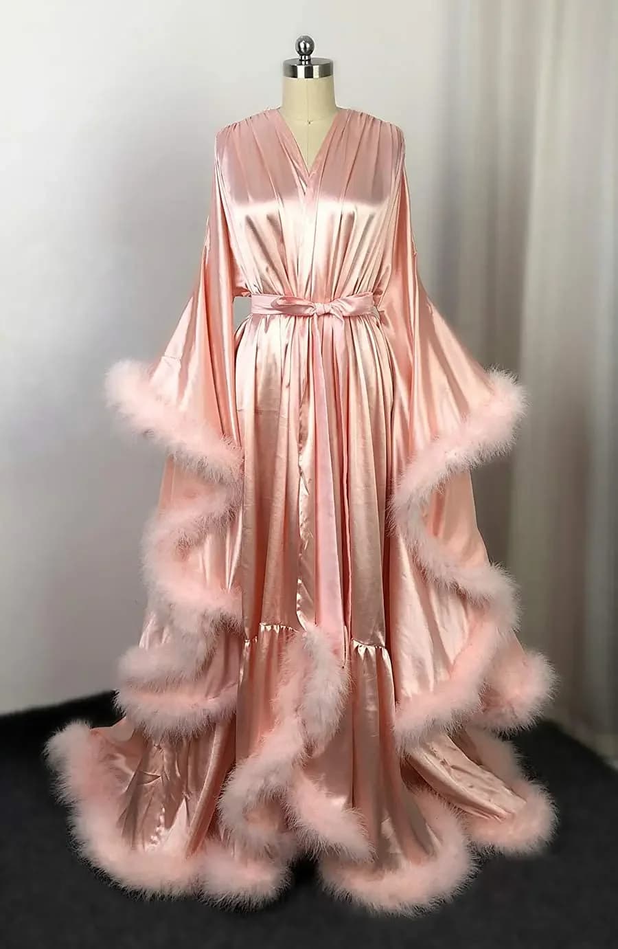 Peignoir de bain en soie, plumes, avec boutons, manches longues, pour femmes