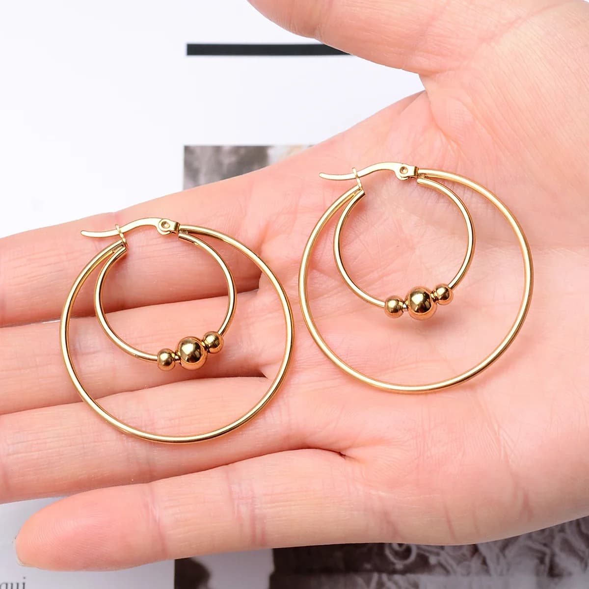 Boucles d'oreilles en acier inoxydable 316l, cerceaux épais avec boule, Double couche, cercle différent, rond, couleur or, grand