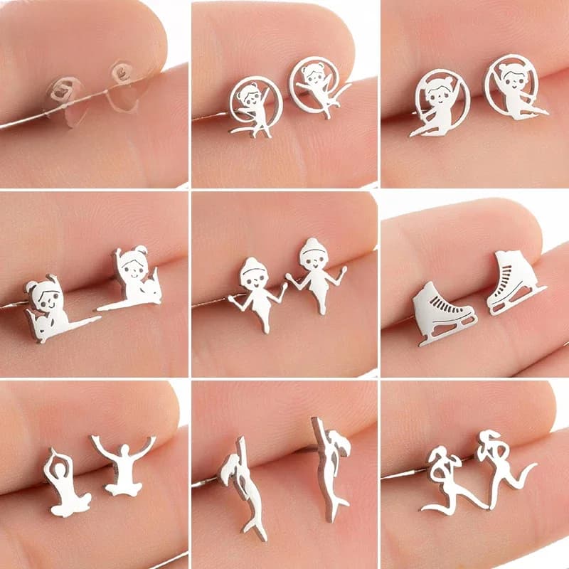 Boucles d'oreilles de sport multiples pour femmes et filles, en acier inoxydable, pour Ballet, gymnastique, natation, Yoga, Skate, bijoux, cadeau de Club, nouvelle collection
