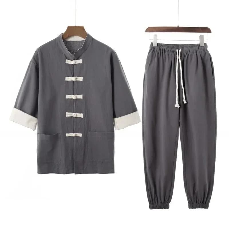 Chemise Hanfu rétro imbibée Tang pour hommes, style chinois traditionnel, ensemble uniforme FjKung Fu, kimono japonais, combinaison chemisier et pantalon décontractés