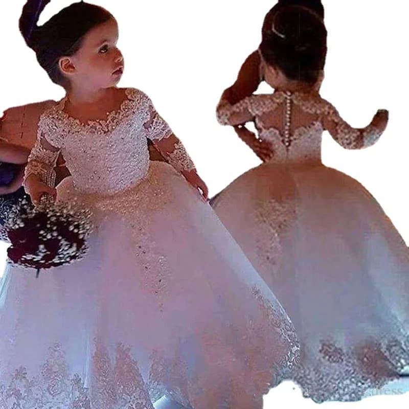 Robes de demoiselle d'honneur blanches pour mariages, en Tulle, en dentelle, demi-manches, robes de première Communion, de fête, de concours, personnalisées pour enfants