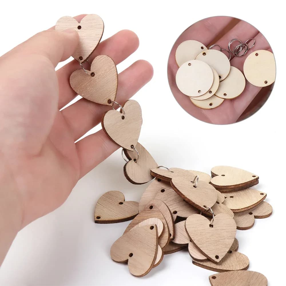Étiquettes de disques circulaires en bois avec trous, tranches de bricolage, étoile, cœur, rond, lune, arbre, artisanat, conflicLabel, clips d'anneau, 3x3cm, 50 pièces