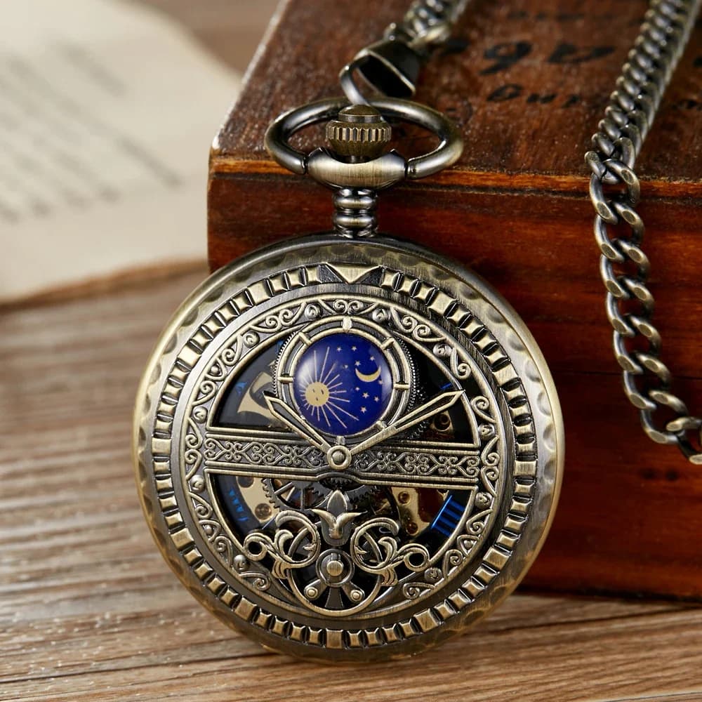 Montre de Poche Mécanique Vintage à Main, Étoile de Lune Bleue Creuse, Modules Steampunk, Horloge à Chiffres Romains avec Fob JOL