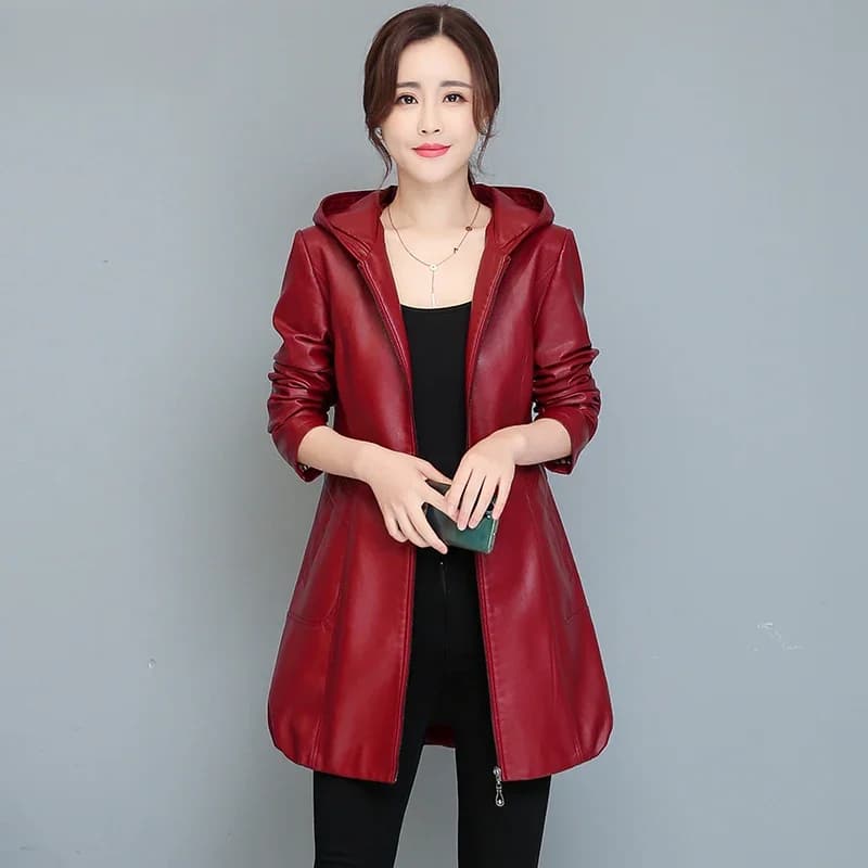 Lautaro-Vestes en Faux Cuir Imperméables pour Femme avec Capuche, Fermeture Éclair Designer, Coupe Slim Fit, Noir Vin Rouge, Luxe Élégant, Automne