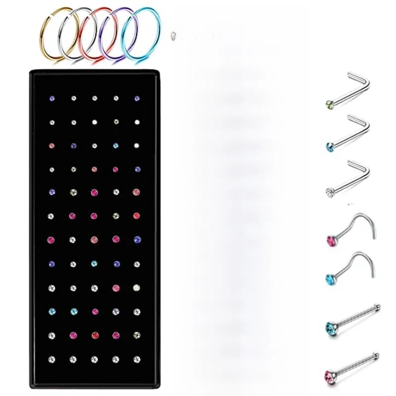 Pack de clous de nez en acier inoxydable, 40/60 pièces, cerceau de perçage de nez en cristal en vrac, ensemble d'anneaux de nez en forme de L, Piercing courbé, bijoux pour le corps