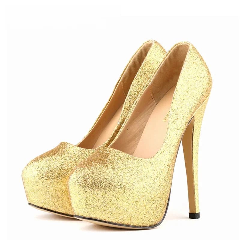 LOSLANDIFEN-Escarpins Sexy à Talons Ultra Hauts pour Femme, Chaussures Dorées à Paillettes, Plateforme de 14cm, Parker Rond, ixde Mariage pour Femme, 817-1Gitter