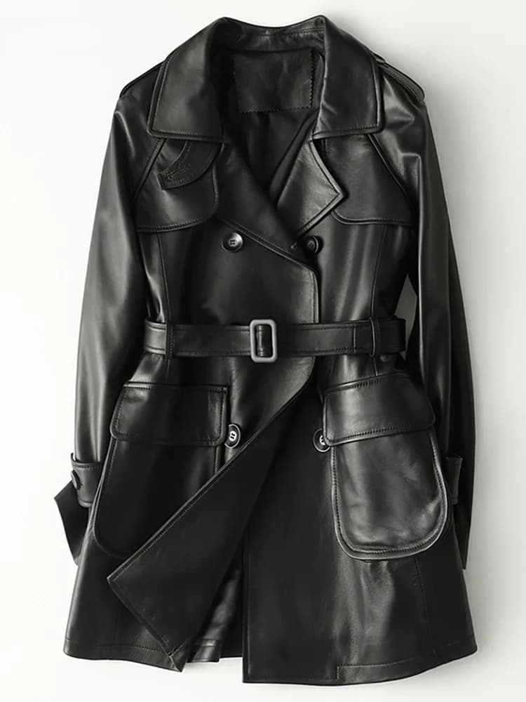Nerazzurri Veste en cuir noir pour femme, manches Leurs lan, ceinture, double boutonnage, simili cuir, vestes cargo, 5xl, 6xl, 7xl, printemps, automne