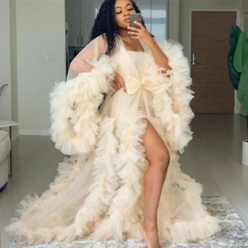Kimono Beige à Manches sulfen Tulle pour Femme Enceinte, Robe à Volants, Tenue de Soirée Sexy, Peignoir, Chemise de Nuit Transparente, Collection Hiver