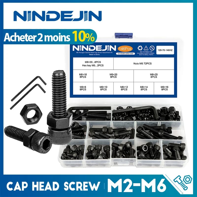 NINDEJIN vis à tête hexagonale, écrou à tête creuse 12.9 acier au carbone m2 m2.5 m3 m4 m5 m6 kit d'assortiment de boulons et d'écrous