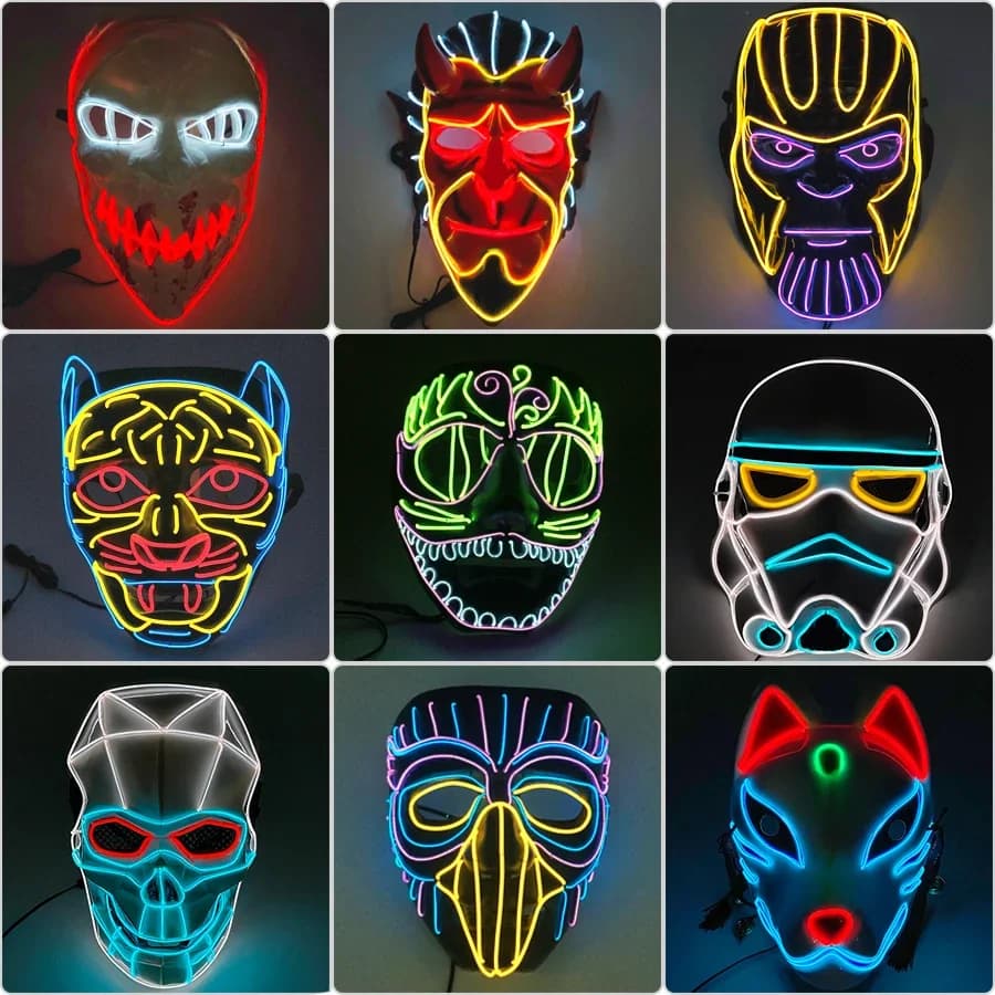 Masque de Cosplay Anime brillant, personnages de dessins animés, monstres effrayants, animaux féroces, masque néon lumineux en fil EL pour adultes